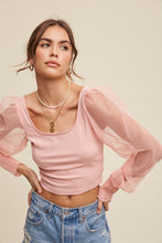 Load image into Gallery viewer, Square Neck Mesh Puff Sleeve Knit Top