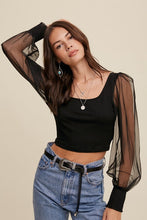 Load image into Gallery viewer, Square Neck Mesh Puff Sleeve Knit Top