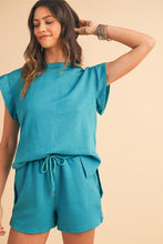 Load image into Gallery viewer, Textured Ruffle Split Top and Drawstring Shorts