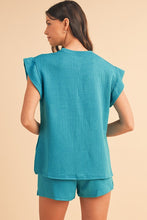 Load image into Gallery viewer, Textured Ruffle Split Top and Drawstring Shorts