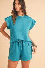 Load image into Gallery viewer, Textured Ruffle Split Top and Drawstring Shorts